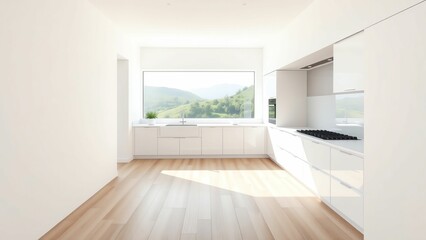 Obraz premium Airy White Kitchen with Scenic Mountain Views, Modern Appliances, and Minimalist Design