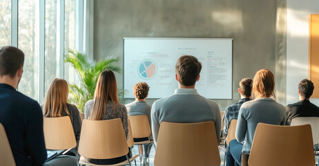 Rear view of a group of young people on corporate training in a large conference room with a board with graphs and charts