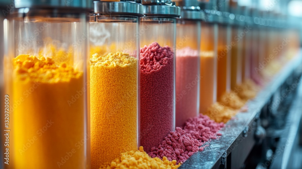 Aufkleber vibrant colored powders are displayed in transparent containers within a manufacturing facility.