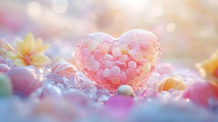 Obraz premium A translucent heart filled with tiny hearts rests among pastel flowers and candies in soft sunlight