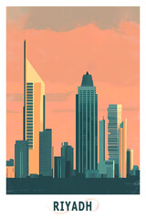 Fototapeta premium Riyadh, Saudi Arabia illustrated poster in retro style. Vintage travel booklet, postcard, print, cover with skyline