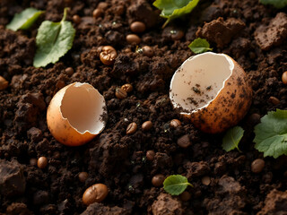 Cracked Eggshells and Coffee Grounds Enriching Dark Soil with Organic Nutrients for Sustainable Gardening
