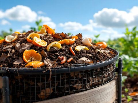 Outdoor Compost Bin with Orange Peels, Eggshells, and Organic Waste Under a Bright Blue Sky for Sustainable Gardening
