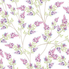 Fototapeta premium Lilac flowers sprigs with leaves. Botanical seamless pattern. Hand drawn watercolor illustration isolated. Syringa blooming. Summer background. Floral purple print. Template for wallpaper, textile.