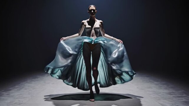Fashion model walking in futuristic polymer dress