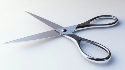 Polished metal scissors, open, angled, sharp blades, reflective surface