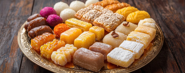 variety of Indian sweets arranged on ornate tray © Mind