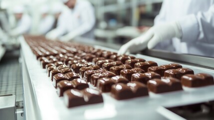 Chocolate confectionery production line showing rows of glossy, dark chocolate pieces moving along a conveyor belt, overseen by workers in white coats and gloves