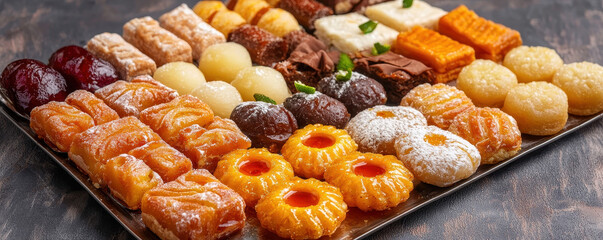 Assorted Indian sweets arranged on tray in opulent setting