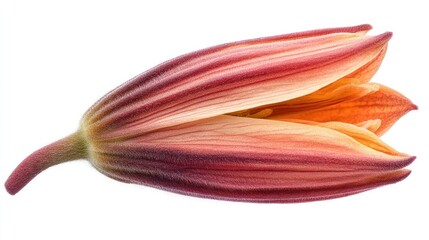 Partially opened, reddish-orange flower bud with visible petals and stem, isolated on white
