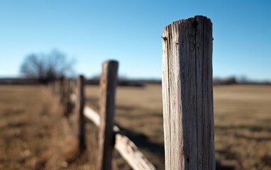 Weathered Wooden Fence Post in a Rural Field