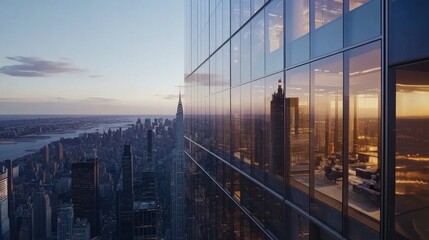 Stunning sunset cityscape view from a modern skyscraper's glass facade, showcasing city lights and offices