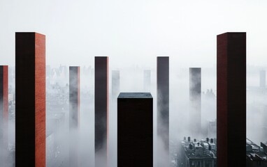 Abstract Cityscape with Dark Red and Black Towers Emerging from Fog