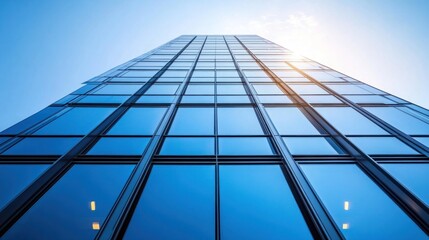 Low-angle view of a modern glass skyscraper under a bright sun