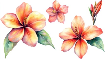 Fototapeta premium Watercolor painting of peach hibiscus flowers with green leaves, isolated on white