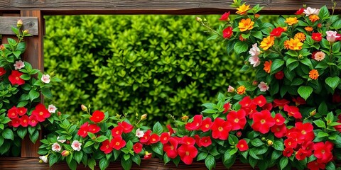 Fototapeta premium Rustic wooden frame overflowing with lush green foliage and vibrant blooms, aesthetic, summer