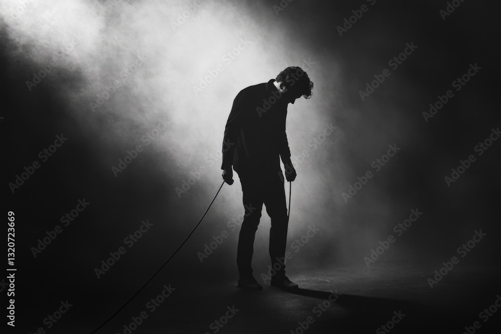 Poster a man stands in the dark with his dog on a leash, ready to move forward