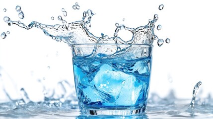 Refreshing water splash in a glass with ice