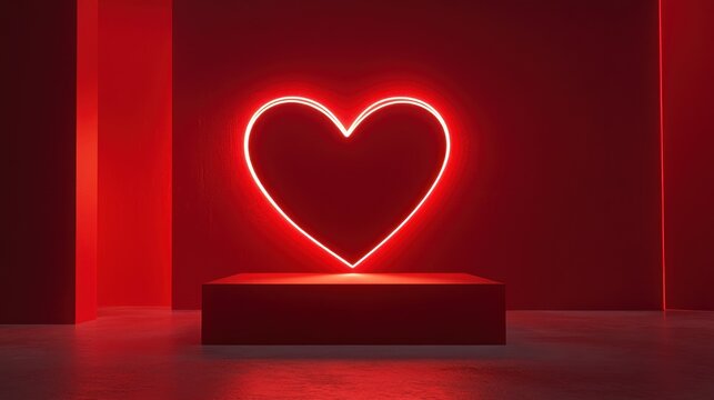 Glowing red neon heart on a dark red platform in a minimalist room