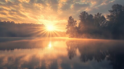 Fototapeta premium A dreamy sunrise over a calm lake, holy light shining through, and spiritual warmth