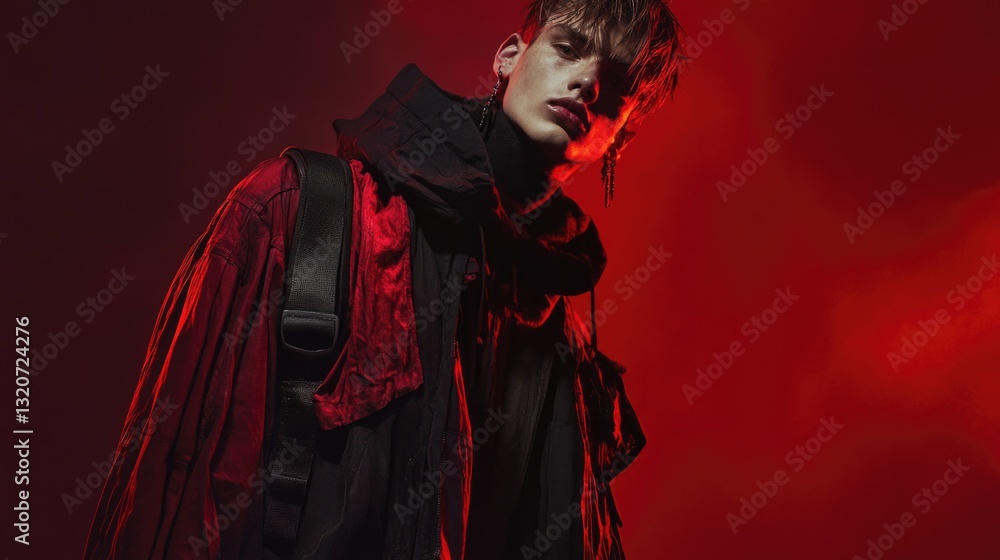 Poster a person dressed in a distinctive black and red costume, suitable for cosplay or performance use