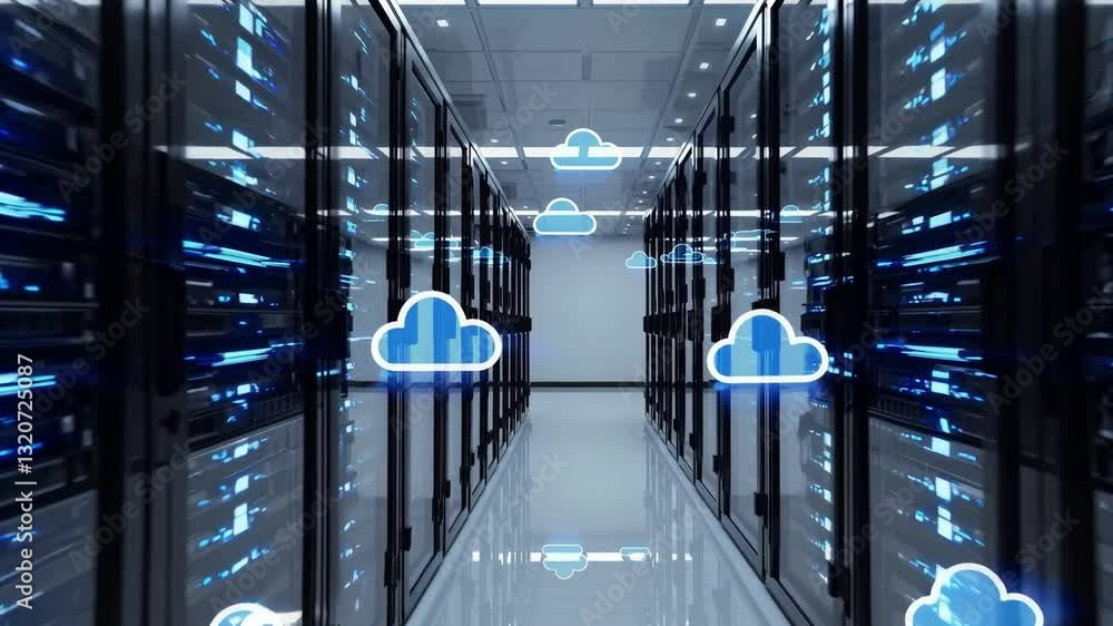 Poster high-tech data center interior featuring server racks and digital cloud illustrations, designed for 