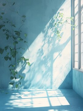 Serene room interior with plaster wall climbing plant bright sunlight window shadow creating tranquil mood