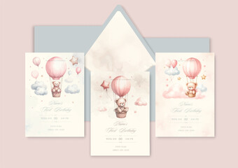 Watercolor Invitation Birthday Template card with a plush watercolor bear on a balloon.