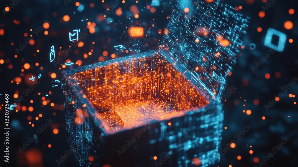 Poster digital treasure chest with glowing particles and data symbols emitting from an open box in a futuri