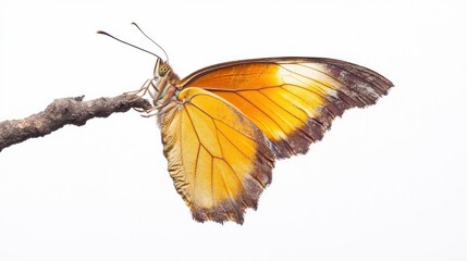 Obraz premium Orange butterfly perched on a twig, wings slightly damaged, isolated on white