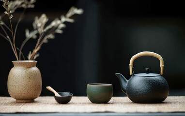 Tranquil Tea Ceremony Setup: Dark Teapot and Speckled Cups on Woven Mat