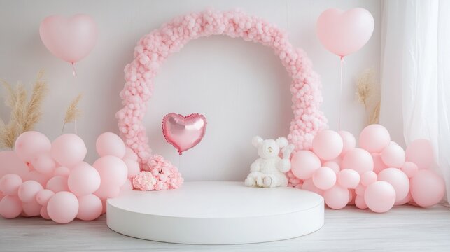 Pink balloon arch, round platform, teddy bear, flowers, and heart-shaped balloons create a cute, romantic backdrop - Powered by Adobe