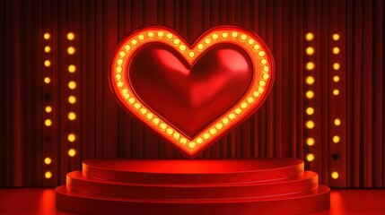 Glowing heart on stage.  Red velvet curtains, round platform