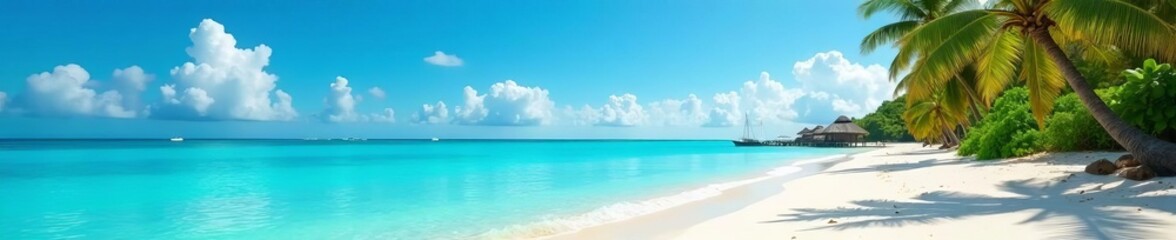 Obraz premium Sandy shore with clear blue water and tropical palm trees, tropical, palm trees, sand