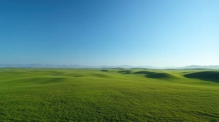Fototapeta premium Vast, undulating green field under a clear blue sky. Distant mountains are faintly visible on the horizon