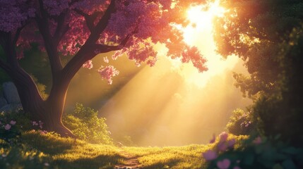Obraz premium A hopeful morning scene with faith and renewal, sun rays shining through trees, warm glow