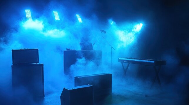 Blue-lit stage with musical instruments, amplifiers, keyboard, and microphone in smoky atmosphere