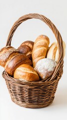 A beautifully woven basket brimming with various types of rustic bread, each loaf bursting with unique textures and golden hues. Perfect for a cozy meal setting