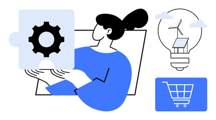 Woman holding gear puzzle for innovation, renewable energy in a lightbulb design, shopping cart. Ideal for teamwork, innovation, problem-solving, ecommerce, sustainability, leadership creativity