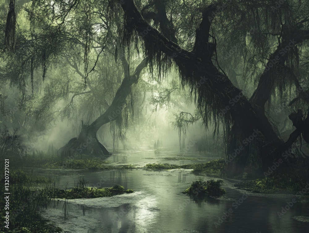 Poster A picture of a swamp with many trees and water, suitable for use in environmental or nature-related contexts