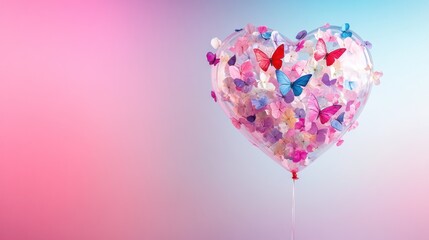 Heart-shaped balloon filled with colorful butterflies and petals against a pastel background