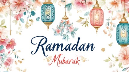 Ramadan Mubarak greeting with floral & lantern design