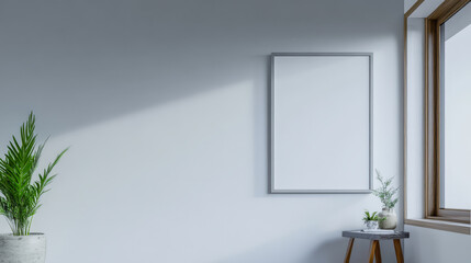 Minimalist interior design featuring a blank frame and greenery in a bright room