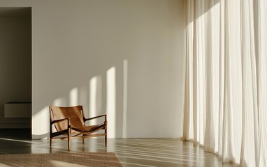 Sunlit Minimalist Room with Leather Armchair and Sheer Curtains