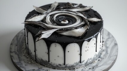 A beautifully designed black and white cake featuring elegant swirls and floral accents, perfect for celebrations.