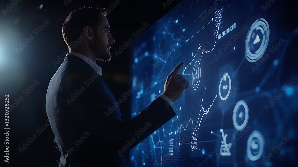 Poster businessman analyzing data on interactive screen