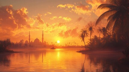 A Ramadan serenity moment with a golden sunset, calm landscape, and spiritual atmosphere