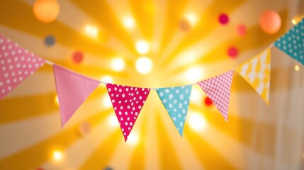 Festive bunting hangs against a sunburst backdrop of warm lights and confetti