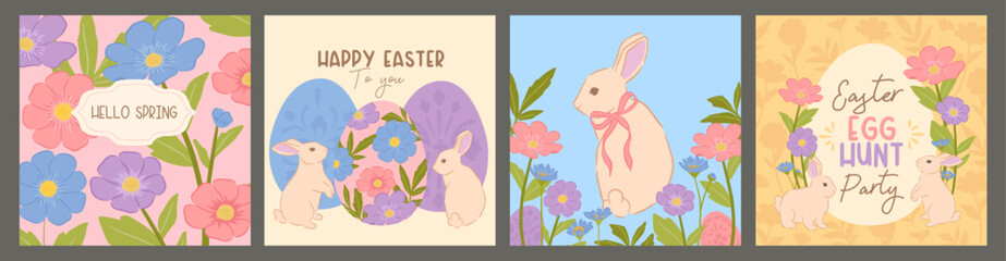 Collection of Spring Easter Bunny and flower vector illustration square poster template