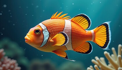 Fototapeta premium Vibrant Orange Clownfish Swimming in Blue Ocean Water with Coral